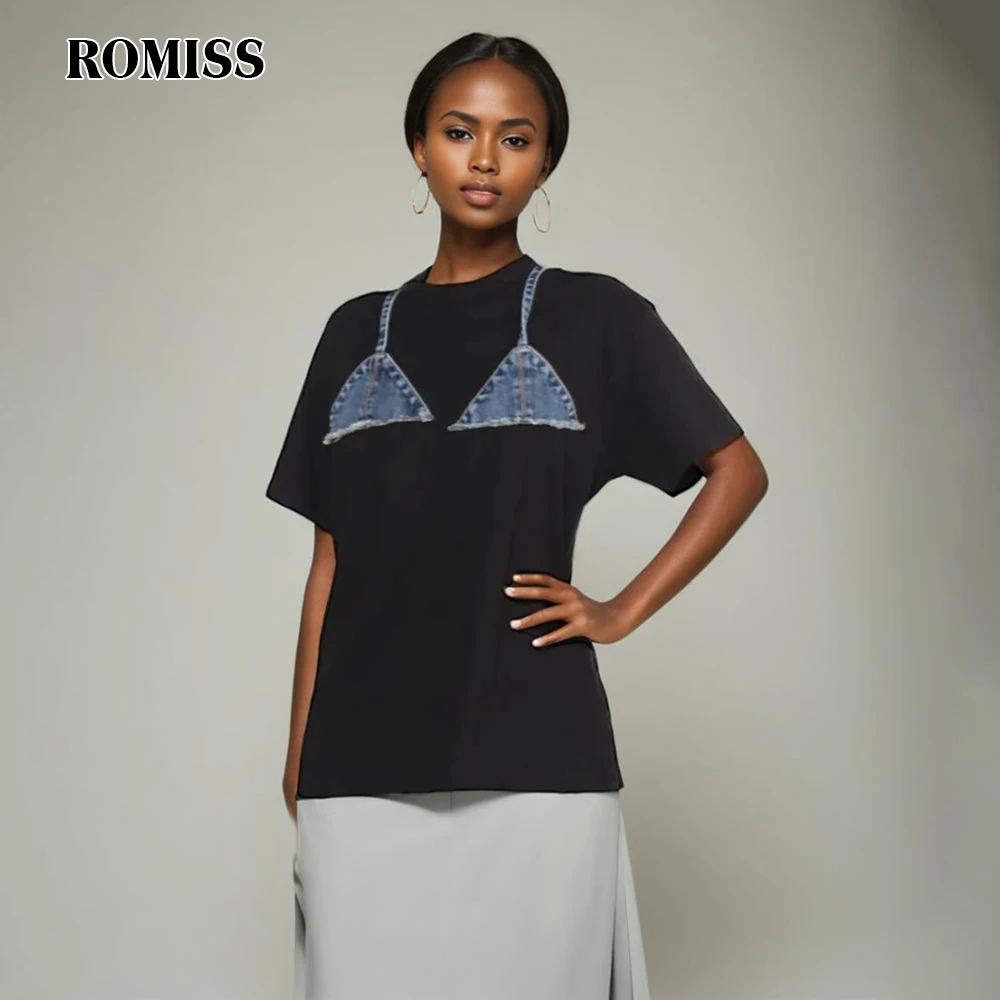

ROMISS Casual Colorblock Patchwork Denim T Shirt For Women Round Neck Short Sleeve Spliced Lace Up Chic T Shirts Female