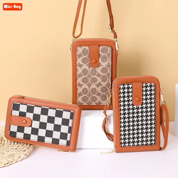 European and American Retro Houndstooth Phone Bag PU Leather Universal Phone Pouch for iPhone/Xiaomi/Huawei/Samsung Case Pocket