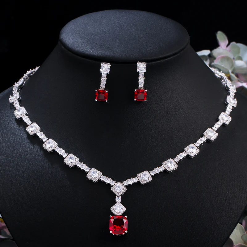 

smvp Chic Round and Square Cut Red Cubic Zirconia Women Wedding Party Jewelry Set Elegant Necklace Earring for Brides T454