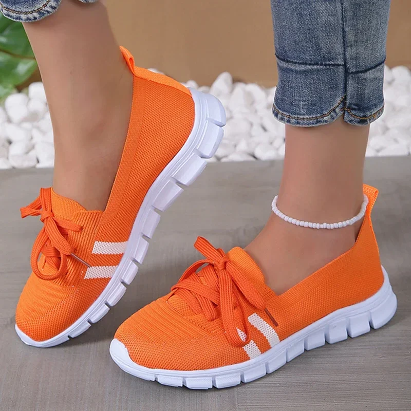 

Mesh Knitted Striped Flats Shoes for Women 2023 Summer Lace Up Casual Sneakers Woman Breathable Soft Sole Loafers Plus Size 43