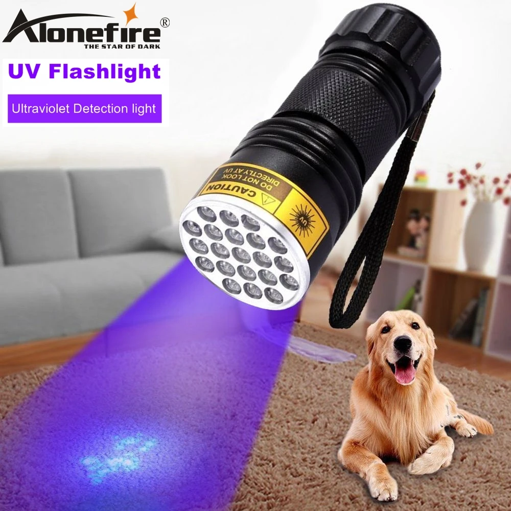 

Светодиодный фонарик ALONEFIRE 21, 395 нм, ультрафиолетовый фонарик для определения мочи домашних животных, кошек, собак, денег, путешествий, гостиниц, Невидимый УФ-детектор, фонарик, лампа