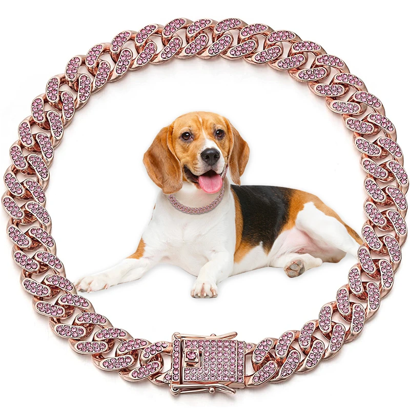 

Gold Dog Chains Collar Diamond Pet Cuban Chain Link Choke Collars for Dogs Cats Puppy Luxury Jewelry Necklace Pet Accessory