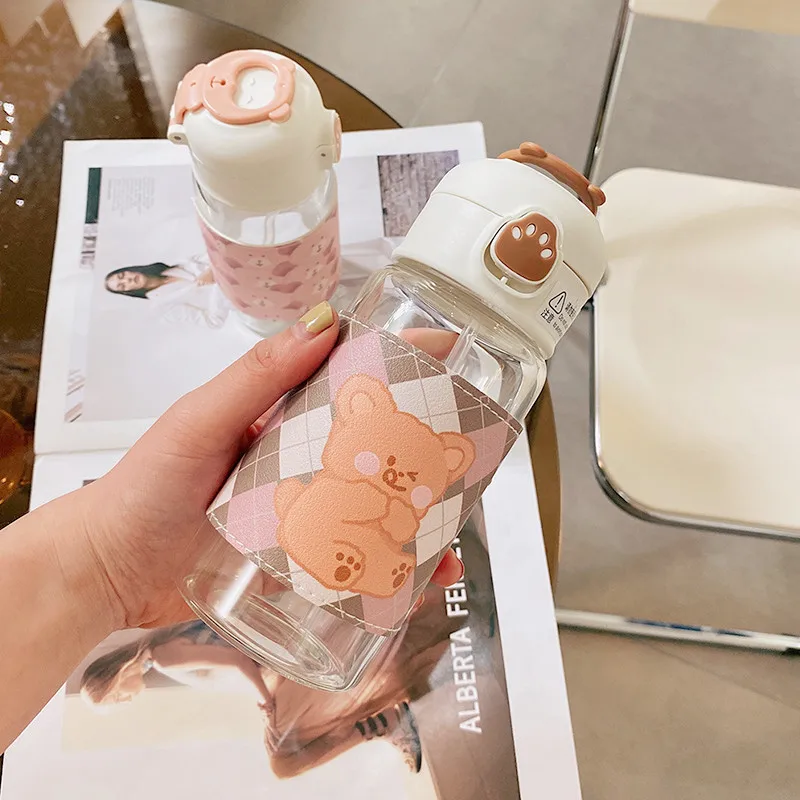 Kawaii Cartoon Glass Water Bottle with Straw 13oz Kawaii Cartoon Glass Water Bottle with Straw 13oz