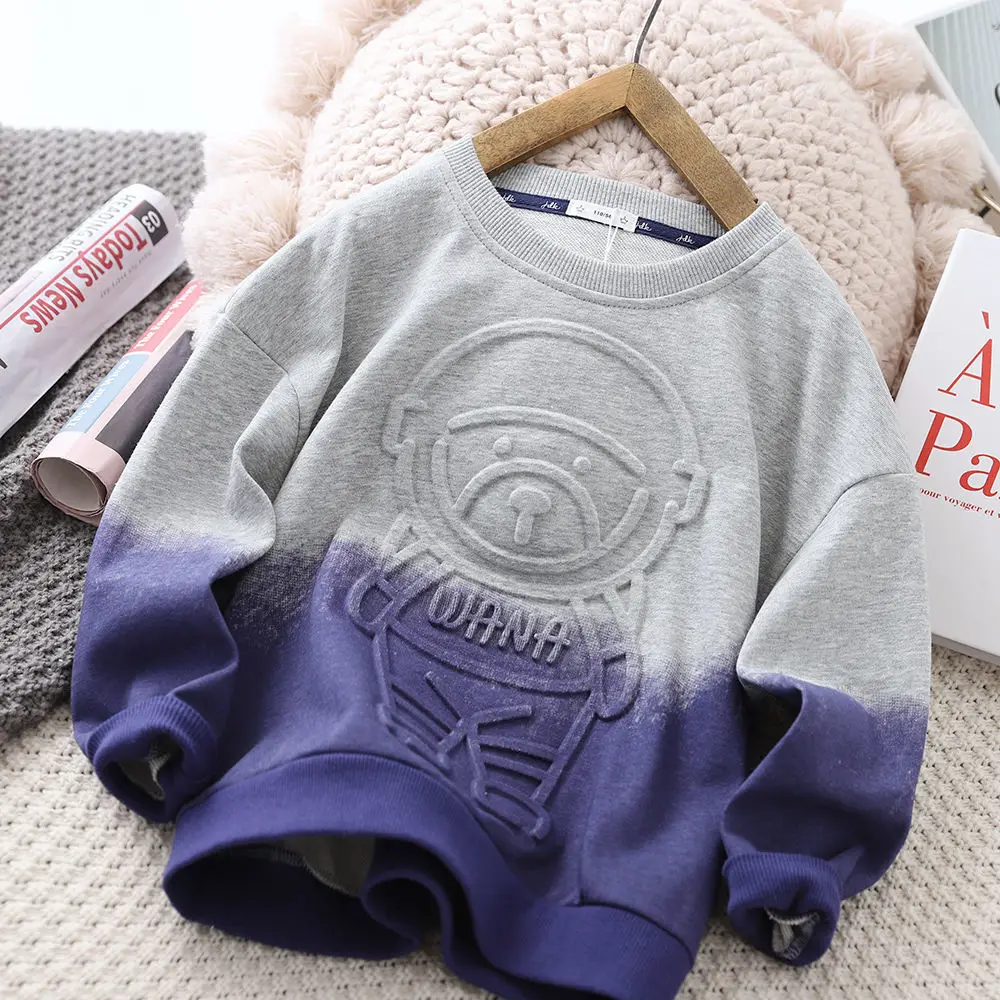 

Young Boys' Sweatshirts 2023 Spring Autumn Gradient Long Sleeve Top O-neck Cartoon Bear Printing Loose Causal 4-10 Years Old