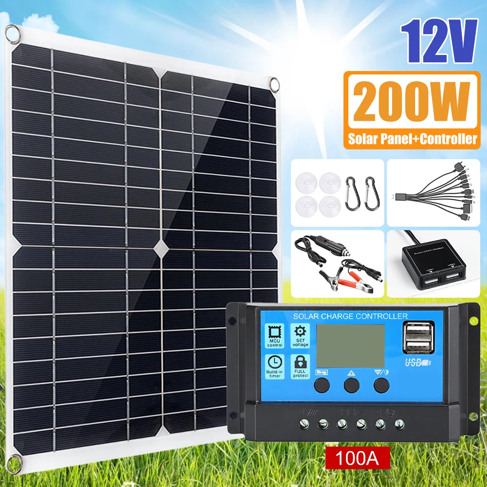 200W Solar Panel Kit 12V Charge Battery With 100A Controller Module 5V USB Port Cell Battery Power Bank for Phone RV Car Boat
200W Solar Panel Kit 12V Charge Battery With 100A Controller Module 5V USB Port Cell Battery Power Bank for Phone RV Car Boat