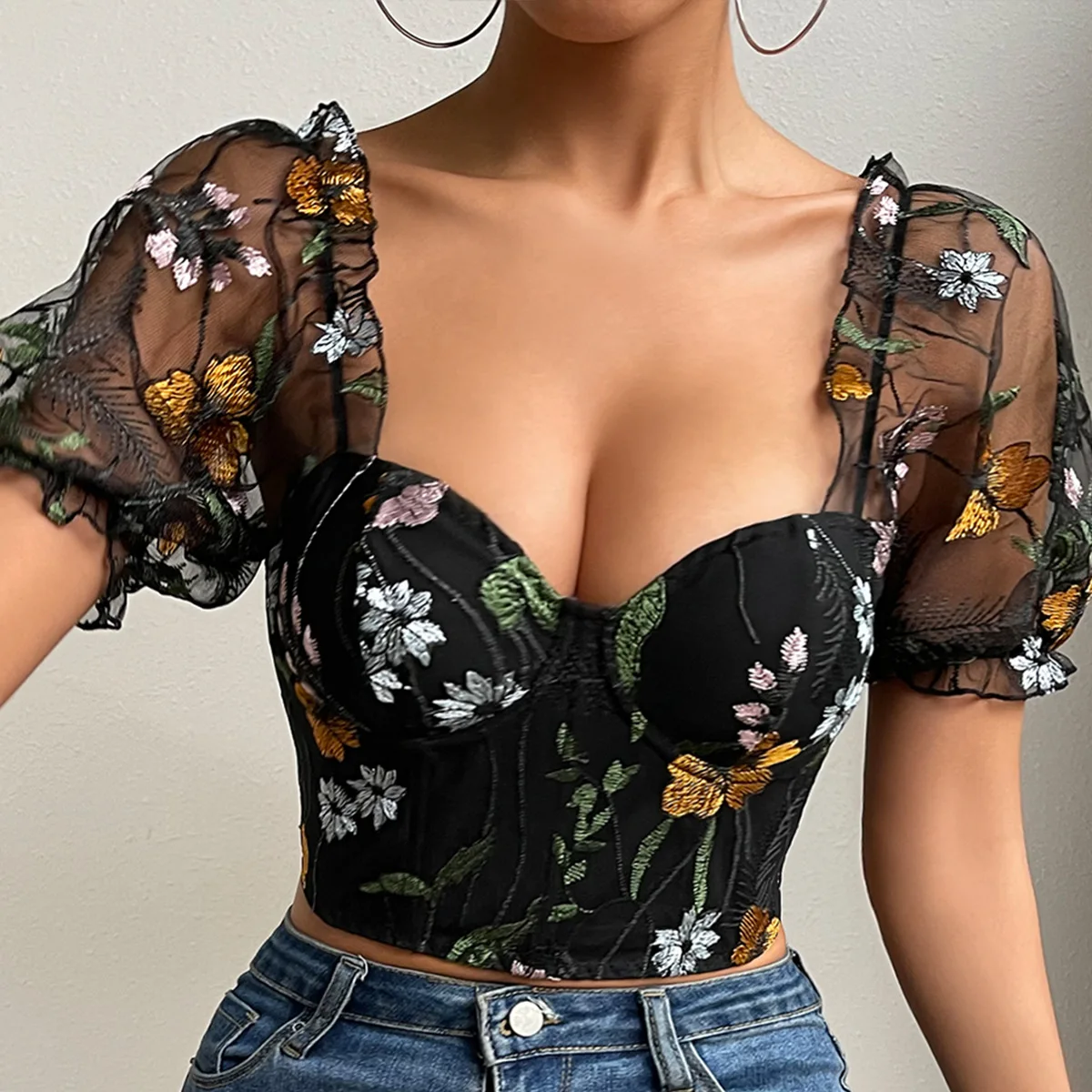 

Bubble Sleeve Fishbone Corset Crop Top Summer Floral Tank Tops with Buckle Fashion Woman Slim Bustier Camis Skinny Tunic T-shirt