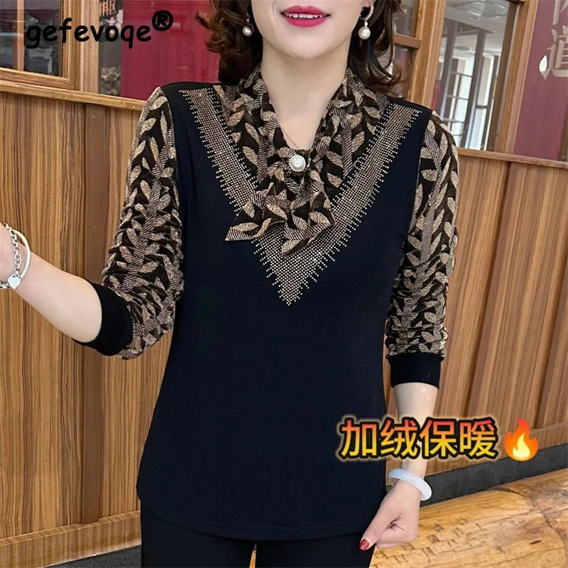 

Middle Aged Elderly Women Fashion Vintage Print Patchwork Bow Diamonds Elegant T Shirt Winter Long Sleeve Loose Plush Basic Tops