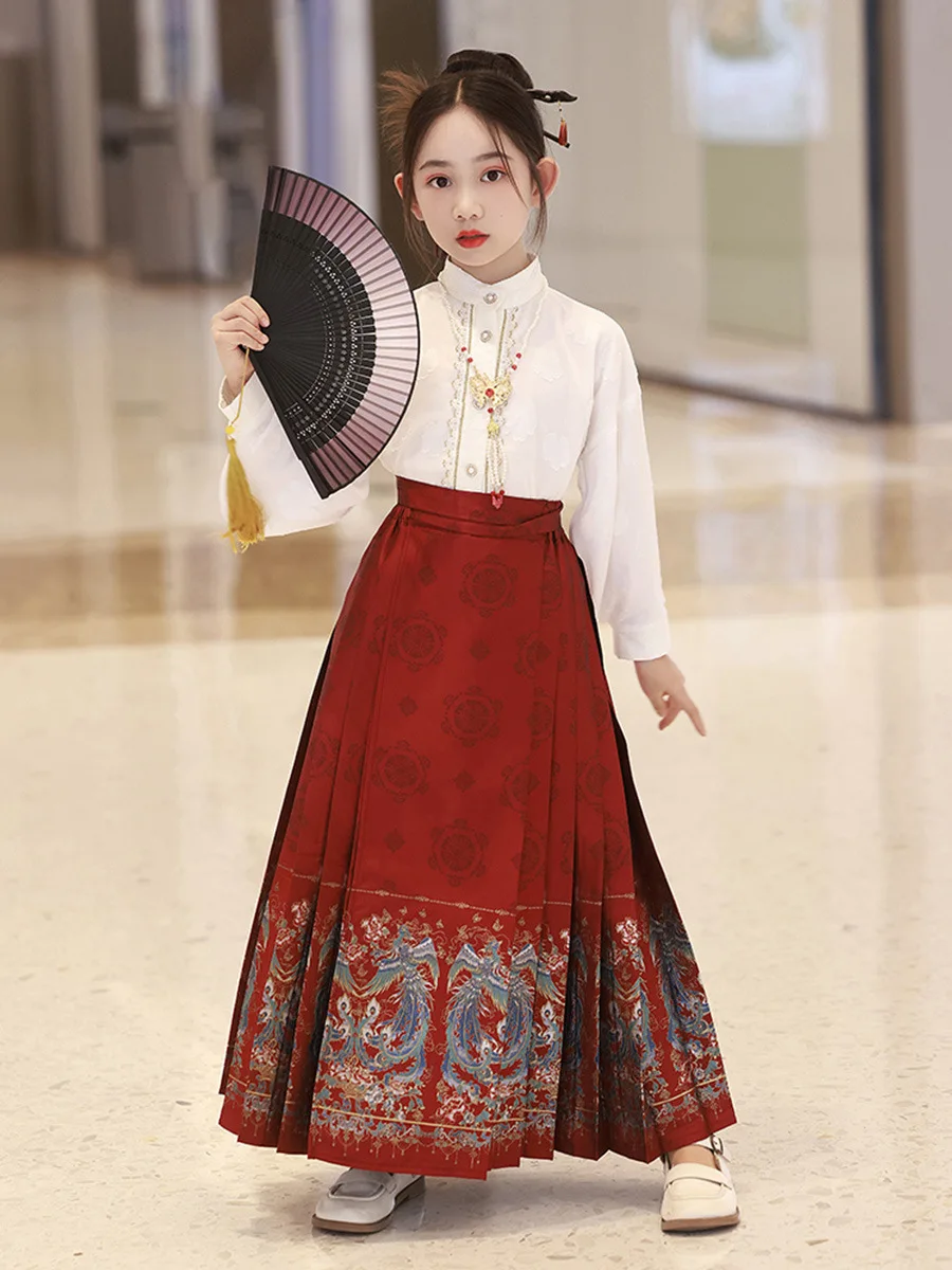 

2024 NEW Summer Chinese Hanfu Dress For Girls Traditional Embroidery Horse Face Skirt For Kids Princess Hanbok