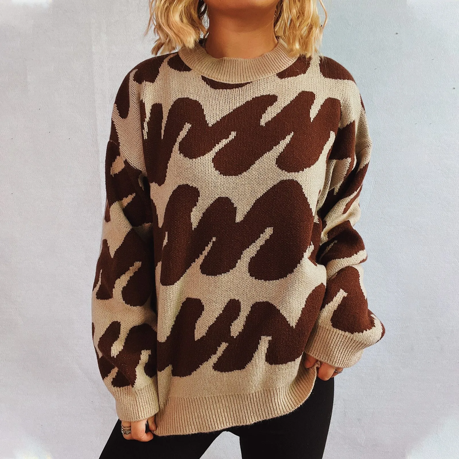 Женский свободный вязаный свитер в полоску, утепленный Повседневный пуловер с круглым вырезом, Осень-зима 2024 
Женский свободный вязаный свитер в полоску, утепленный Повседневный пуловер с круглым вырезом, Осень-зима 2024