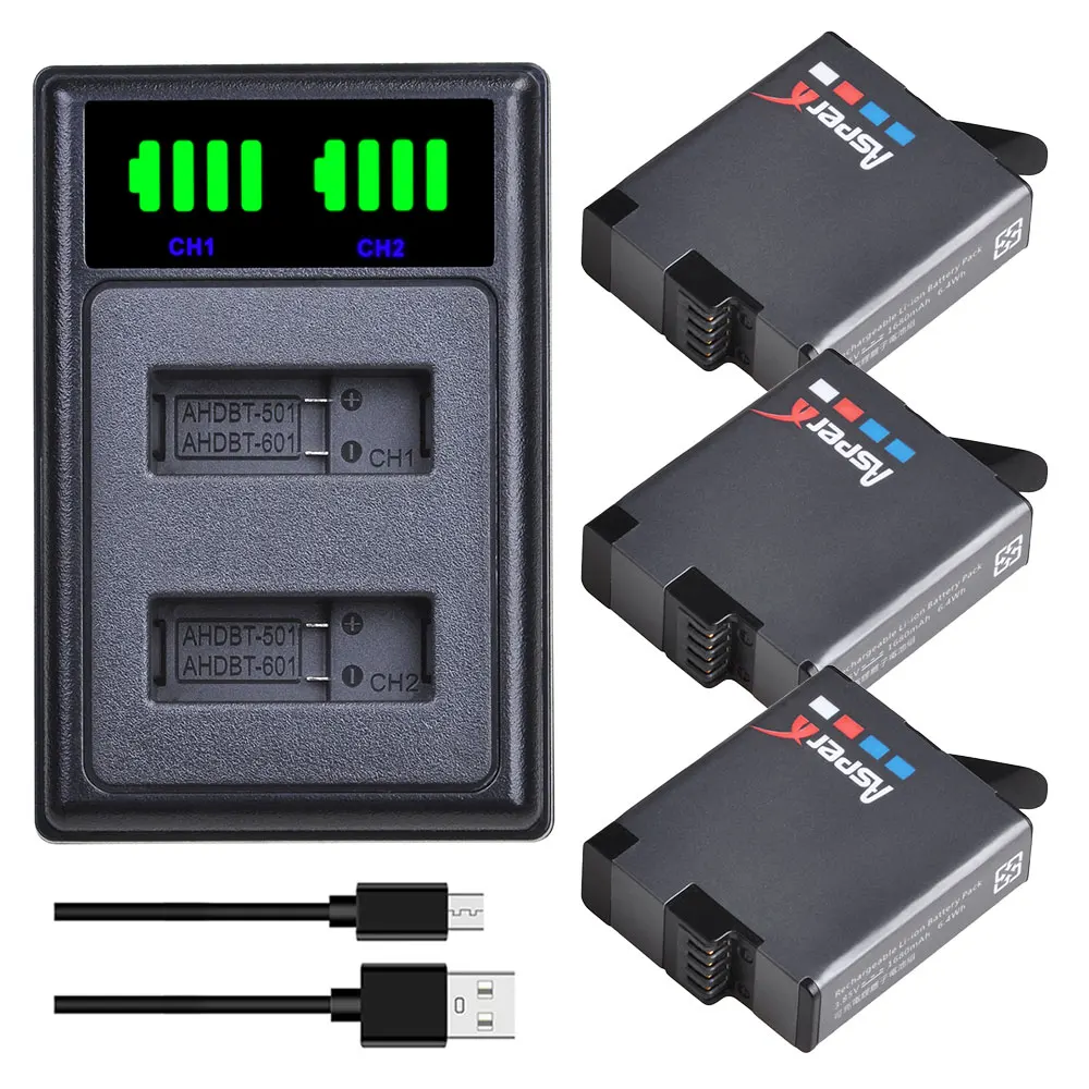 

1680mAh AHDBT-501 AHDBT501 Battery Bateria For Go Pro Hero5 Hero6 Hero7 Camera Gopro Hero 5 6 + USB Charger with Type C Port