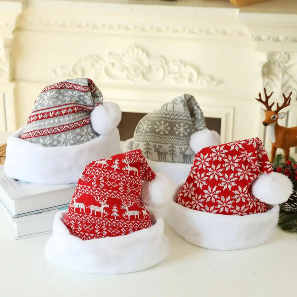 

Cartoon Pattern Knitted Christmas Hat Short Plush Winter Hat Pointed Hat Pointed With Cute Pompon Santa Cap For Outdoor