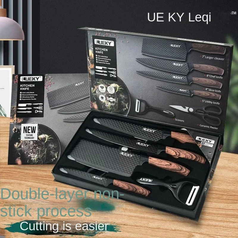 6pcs Kitchen Knife Set Scissors Peeler Stainless Steel Double Layer Non Stick Coating Wave Sharp Chef Knives Cookware Set
6pcs Kitchen Knife Set Scissors Peeler Stainless Steel Double Layer Non Stick Coating Wave Sharp Chef Knives Cookware Set