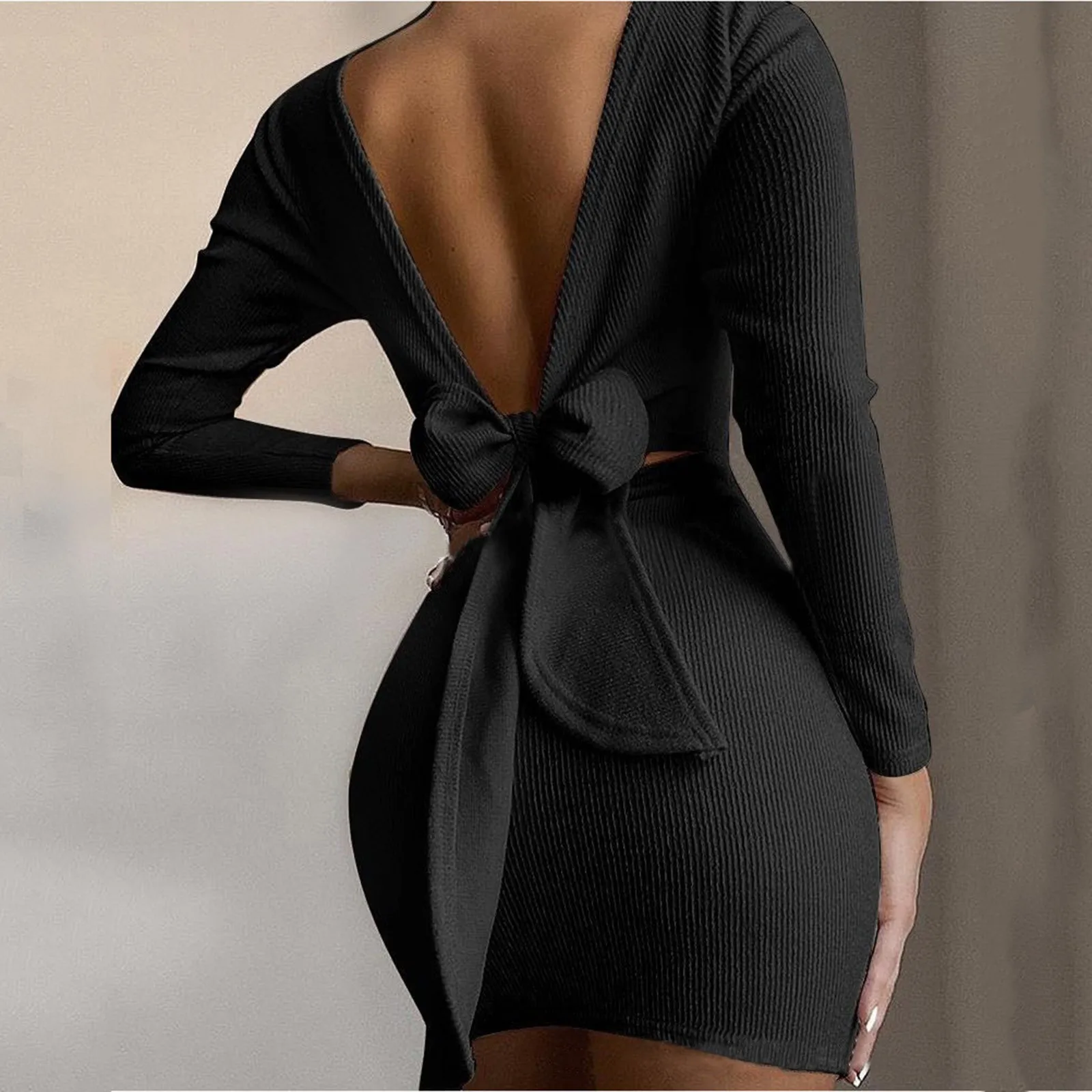 Women Dress Open Back Knotted Long Sleeve Solid Color Sexy Tight-Fitting Dress Pretty Female Robe Vestido Para Mujer
Women Dress Open Back Knotted Long Sleeve Solid Color Sexy Tight-Fitting Dress Pretty Female Robe Vestido Para Mujer