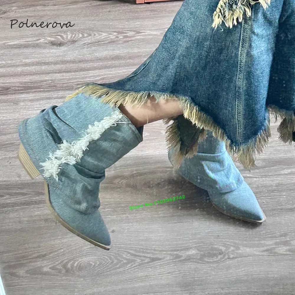 Newest Denim Pointy Toe Fringe Ankle Boots Fashion Chunky Heel Modern Boots 2023 Autumn Party Banquet Dress Shoes for Women Sexy
Newest Denim Pointy Toe Fringe Ankle Boots Fashion Chunky Heel Modern Boots 2023 Autumn Party Banquet Dress Shoes for Women Sexy