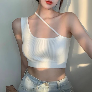 Sexy Women's Crop Tops Plain Ribbed One Shoulder Sleeveless Slim Tank Top Ladies Summer Camis Basics Vest Top Tees Y2k