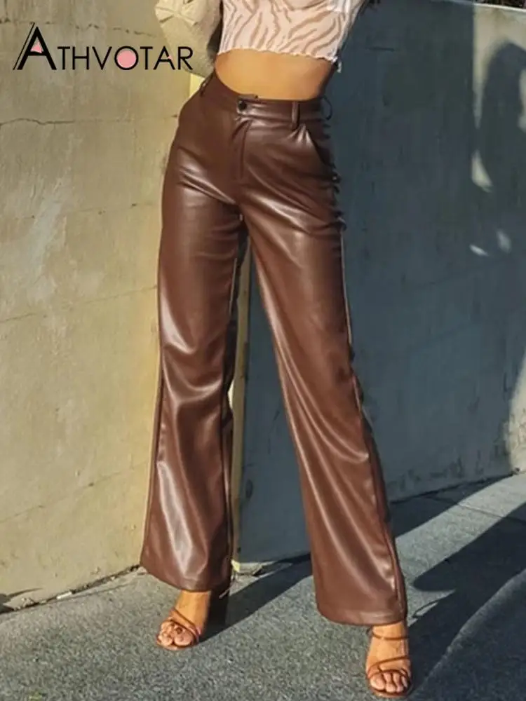 ATHVOTAR 4 Colors Women Pu Leather Pants High Waist Wide Leg Pants Casual Straight Pockets Fashion Elegant Female Leather Pants 
ATHVOTAR 4 Colors Women Pu Leather Pants High Waist Wide Leg Pants Casual Straight Pockets Fashion Elegant Female Leather Pants