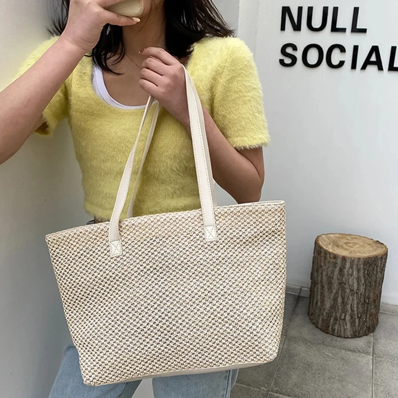 Wicker Woven Beach Shopper - Large Capacity Summer Tote 2 S873c52dbbd0240b5a7cdea3c77e31a58W
