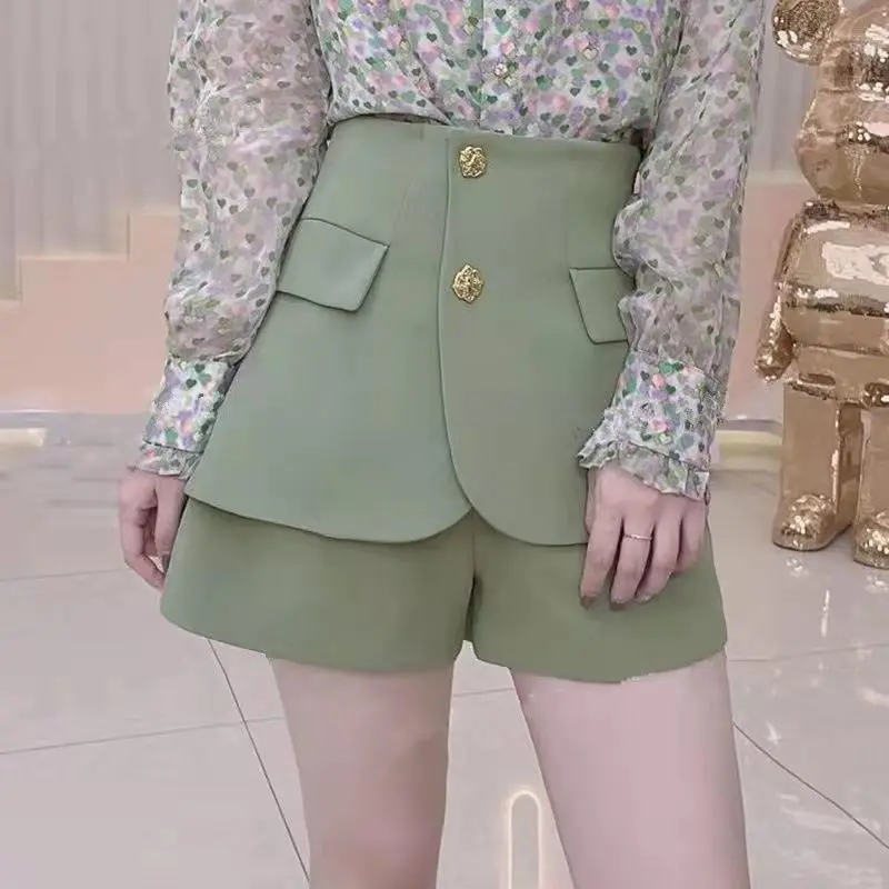 

Summer Ruffle Ladies Lolita Shorts Button High Waist A-line Women's Temperament Solid Irregular Pants Korean Fashion Green White