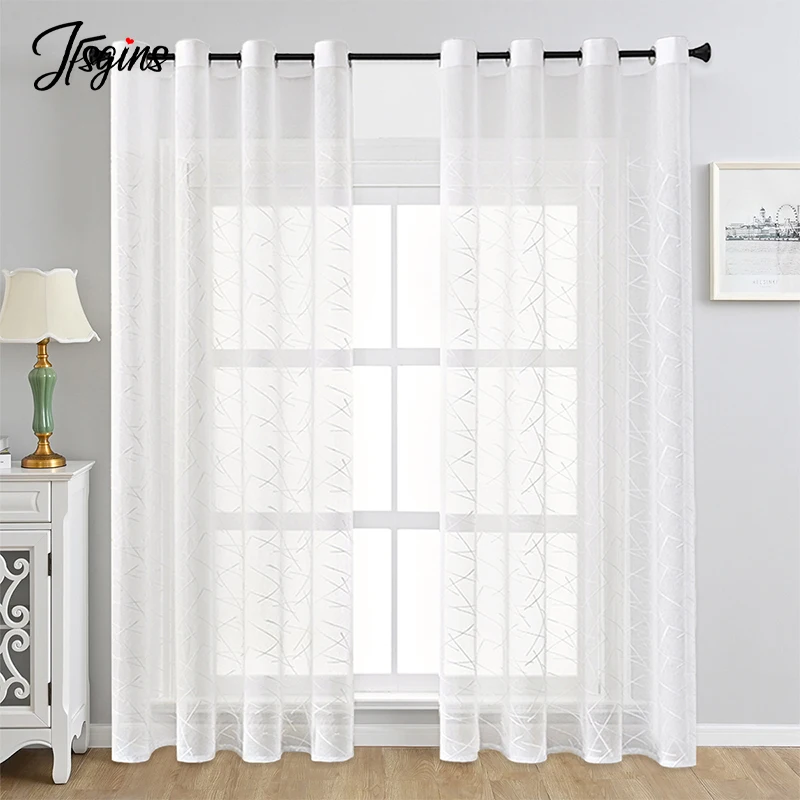 

White Living Room Tulle Sheer Curtains for Windows Geometric Voile Curtain for Balcony Solid Cortinas Drape Home Decor Customize