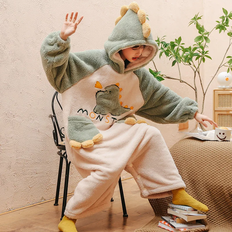 Women Winter Thicken Pajamas Jumpsuit Adult Anime Cartoon Dinosaur Hoodie Sleepwear Women Soft Warm Loose Coral Fleece Homewear
Women Winter Thicken Pajamas Jumpsuit Adult Anime Cartoon Dinosaur Hoodie Sleepwear Women Soft Warm Loose Coral Fleece Homewear