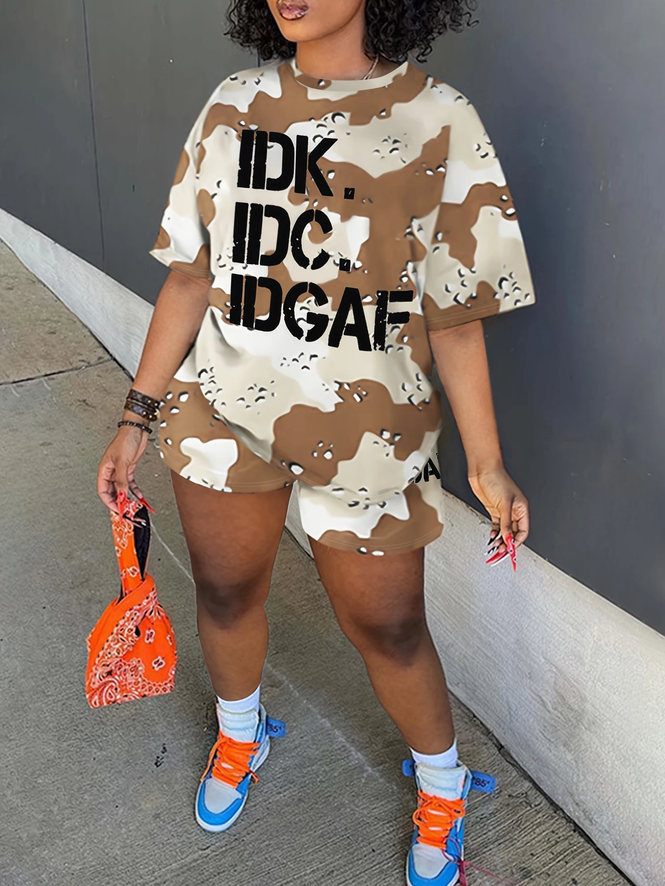 

LW Casual Camo Letter Print Shorts Mixed Print Two Pieces Outfits Women Spring Summer Short Sleeve Round Neck Matching Suit