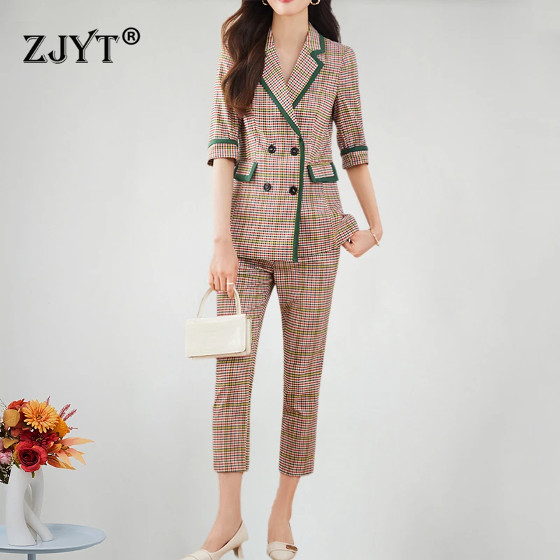 ZJYT Vintage Plaid Blazer Suits Pant Sets 2 Piece Women Three Quarter Sleeve Jacket Trousers Set White Outfit Spring Work Wear
ZJYT Vintage Plaid Blazer Suits Pant Sets 2 Piece Women Three Quarter Sleeve Jacket Trousers Set White Outfit Spring Work Wear