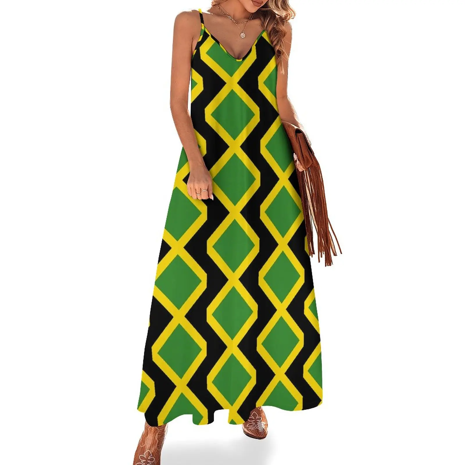 

Jamaican Flag Dress Jamaica Cushion Club Maxi Dress Street Fashion Boho Beach Long Dresses Holiday V Neck Oversized Vestidos