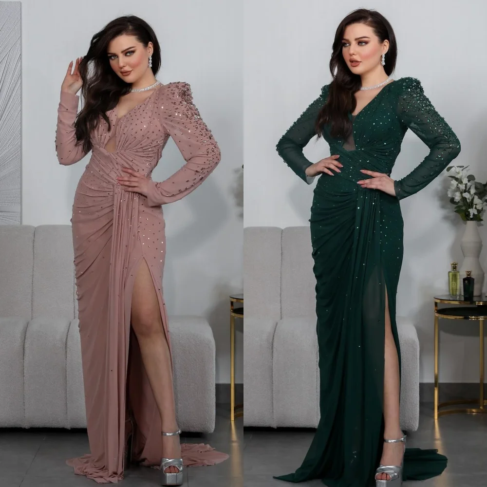 

Evening Prom Dress Saudi Arabia Chiffon Sequined Ruched Cocktail Party A-line V-neck Bespoke Occasion Gown Long Dresses