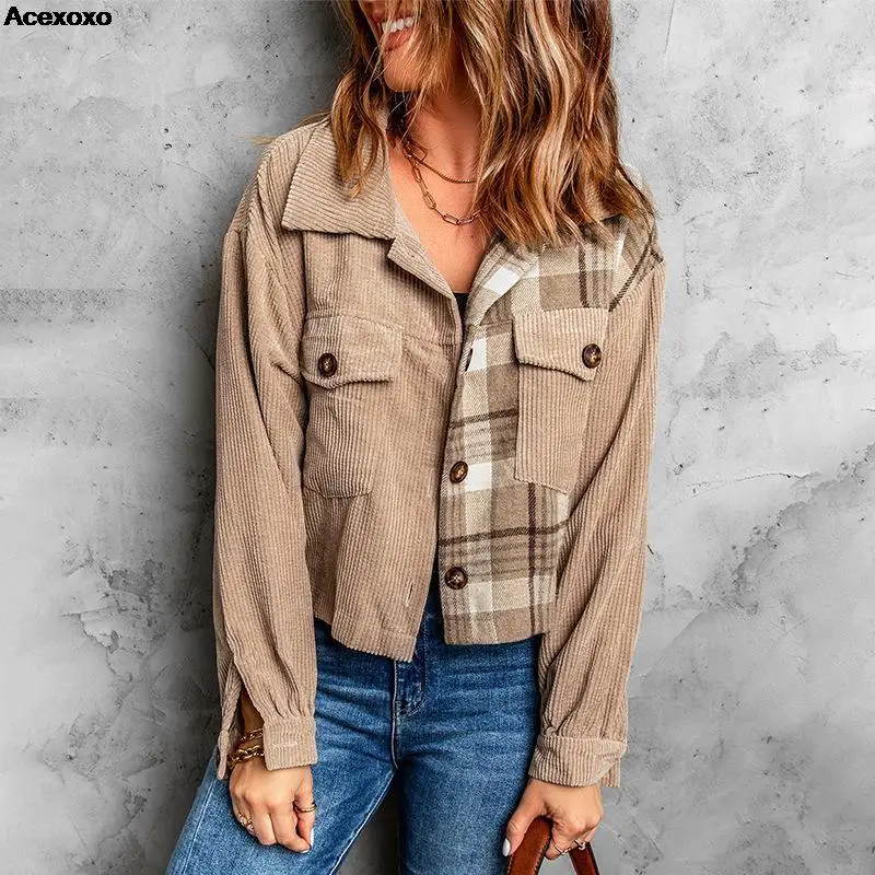 Autumn and winter new women's fashion casual khaki patchwork corduroy short loose long-sleeved coat
Autumn and winter new women's fashion casual khaki patchwork corduroy short loose long-sleeved coat