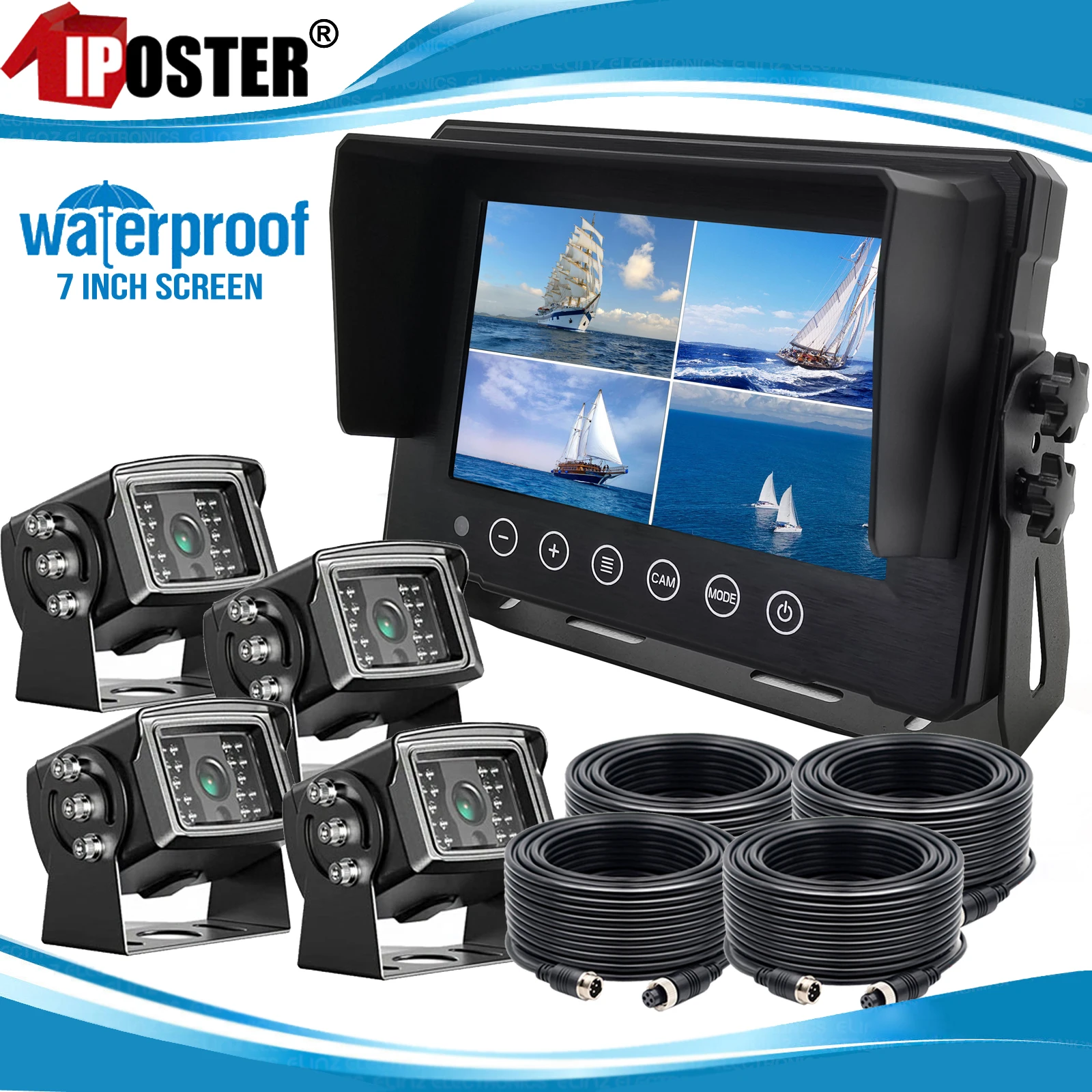 

iPoster 7 inch IPS Screen 4 Channel AHD IP68 Waterproof Monitor With 4x 4PIN AHD 1080P Front Rear Reversing Cameras For Boat