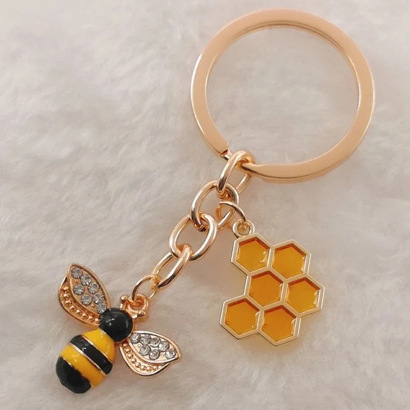 

keychain bee Women Hexagon Honeycomb Drip Oil Rhinestone Bee Keychain Couple Insect Key Ring Bag Ornament Accessories