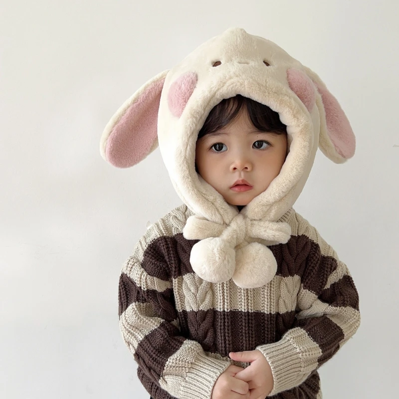 

Autumn Winter Warm Hat for Babies Fashionable Beanie Cap Cartoon Rabbit Ears Plush Bonnet Windproof Solid Headwear