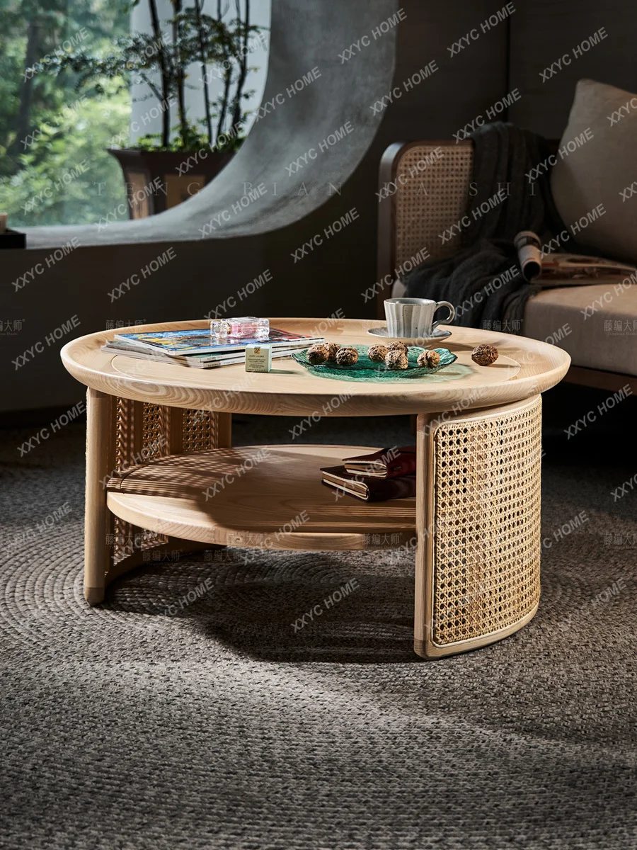 

Круглый журнальный столик в скандинавском стиле, современный минималистичный Ретро чайный столик из ротанга из массива дерева, дизайнерский Круглый Чайный столик для гостиной