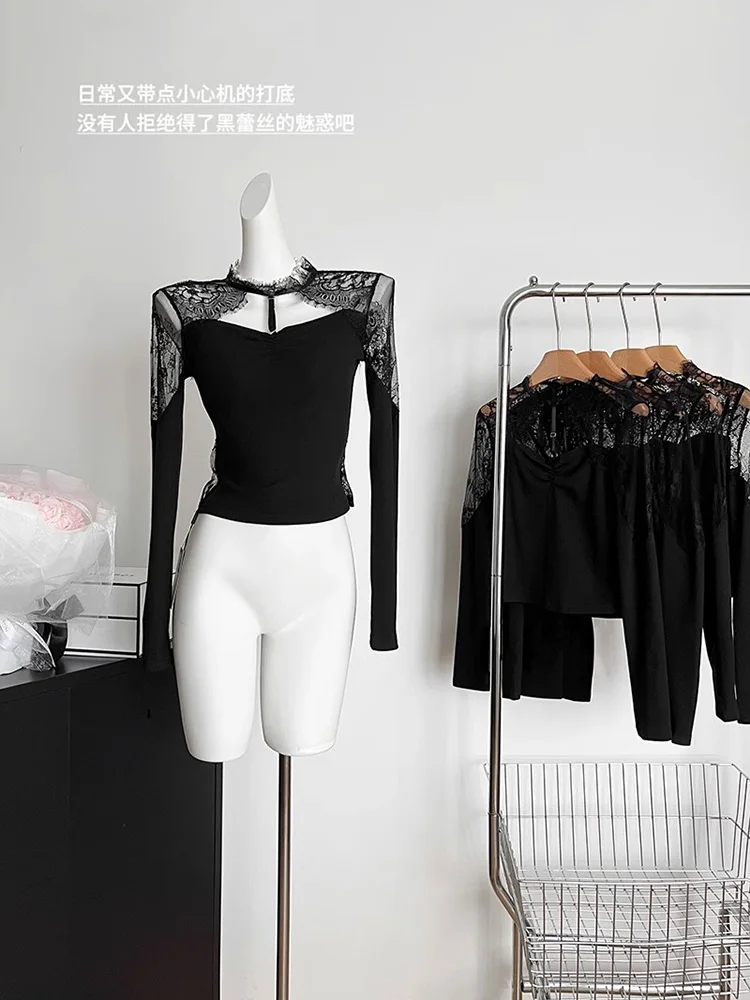 

Корейская мода Женская кружевная рубашка темпераментная пикантная блузка с вырезами облегающие топы Женская одежда 2023 осенний шикарный дизайн