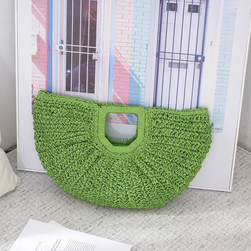 Half-Moon Woven Straw Handbag - Wooden Handle Beach Shopping Basket 10 S87565b1f8f5045de867aa966e4c58816m