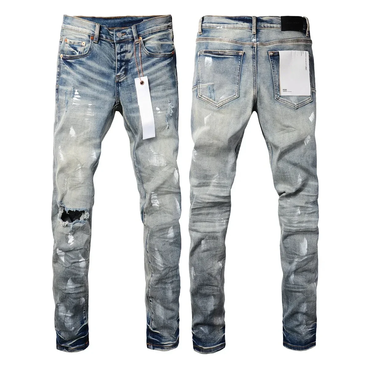 

2024 фиолетовые брендовые джинсы ROCA с высокой талией с отверстиями для покраски и синими белыми потертостями, Модные зауженные джинсовые брюки с низкой посадкой