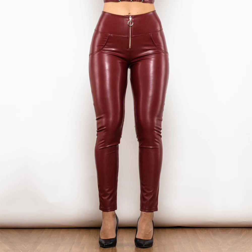 

Shascullfites Melody Burgundy PU Leather Pants Women High Waist Skinny Push Up Plush Leggings Elastic Trousers Jeggings