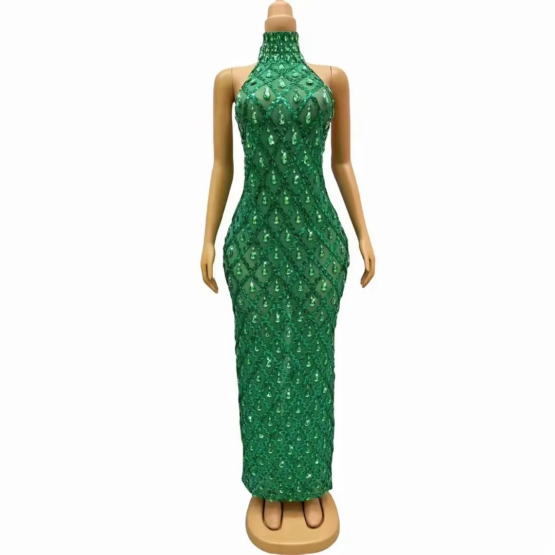 

Sparkly Green Sequins Sleeveless Stones Birthday Backless Dress Shiny Evening Celebrate Outfit Stretch Mesh Dresses Shaokaojia