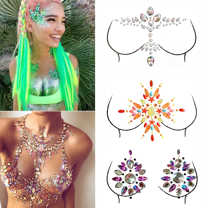 

Sexy Crystal Chest Temporary Tattoo Sticker 3D Party Stage Rhinestone Glitter Tattoos Face Chest Jewels Gems Body Paint Stickers