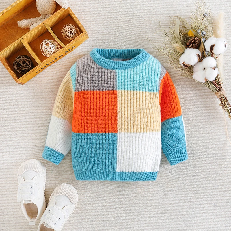 

2023-06-21 Lioraitiin 0-4Years Baby Boy Girl Knitted Sweater Casual Warm Contrast Color Long Sleeve Pullovers Autumn Knitwear