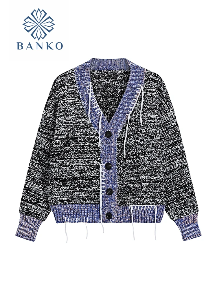 

American Retro Single Breasted Knitwear 2023 Autumn Winter V-Neck Knitted Cardigan Tassel Female Loose Sweater Contrast Color