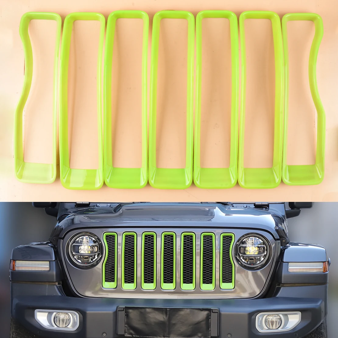 

7Pcs/Set Car Front Grille Insert Cover Trim Bezel Kit ABS Green Decoration Fit for Jeep Wrangler JL Gladiator JT 2020 2021