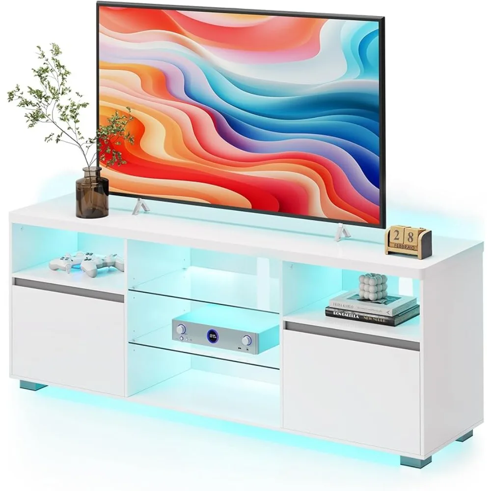 

Tv Furniture Home TV Console for Bedroom Living Room Stand With LED Lights 70 Inch 63 X 15.7 X 23.6 Inches 2 Cabinets With Doors