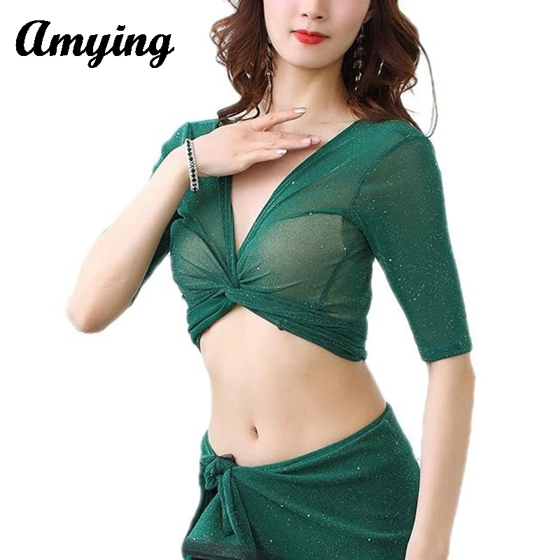 

Women Sexy Mesh Tops Belly Dance Costumes Adult Oriental Indian Dance Elegant Performance Tops Lady Practice Training Clothing