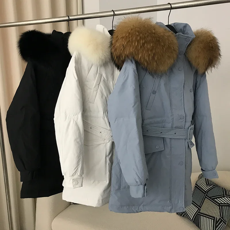 

MENINA BONITA 2023 Real Fox Raccoon Fur Collar Hooded Winter Women Duck Down Jacket Belt Female Thick Warm Coat Luxury Outerwear
