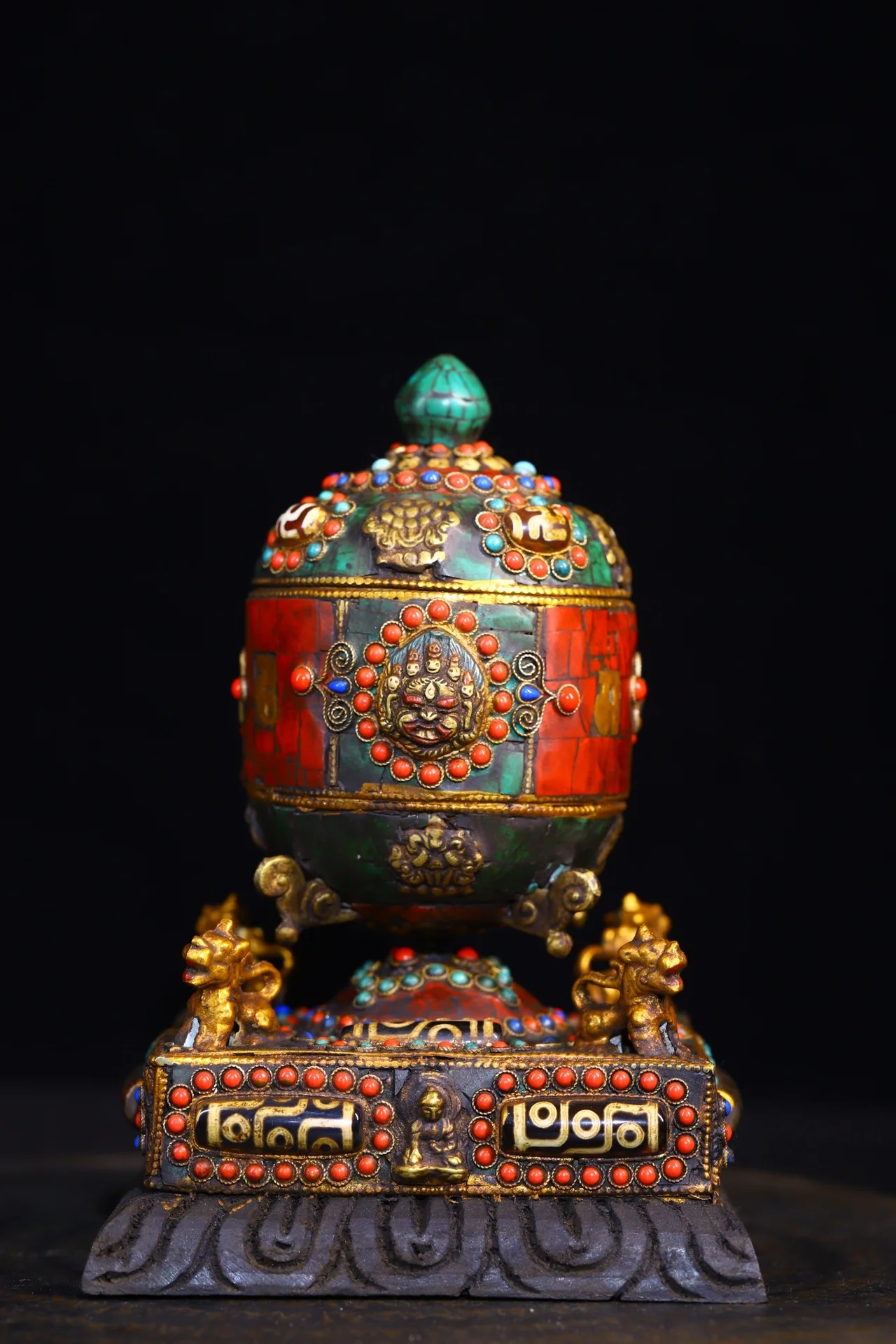 

8"Tibet Temple Collection Old Bronze Mosaic Gem shell Four sided lion Buddha head Prayer Wheel Scripture Amulet Dharma Exorcism