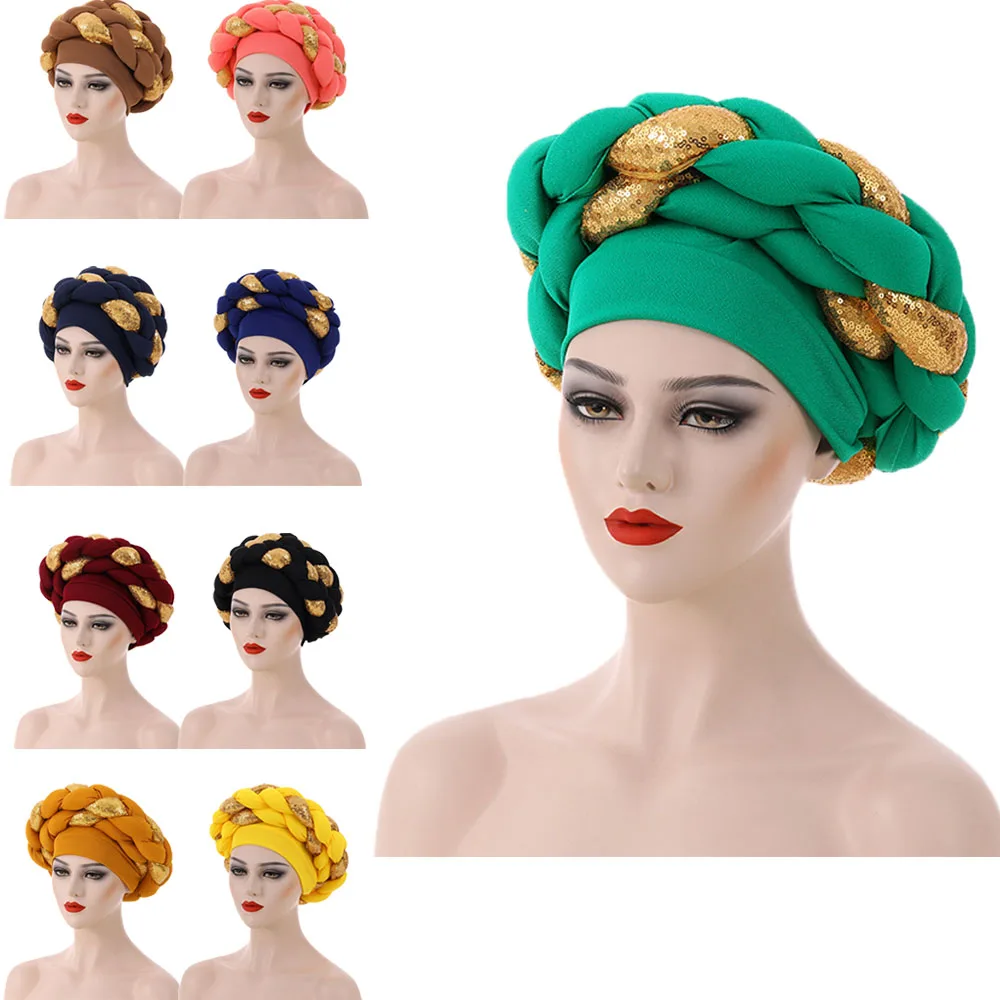 

Latest African Auto Geles Headtie Turban Already Made Headties Shinning Sequins Turban Cap for Women Ready Female Head Wraps