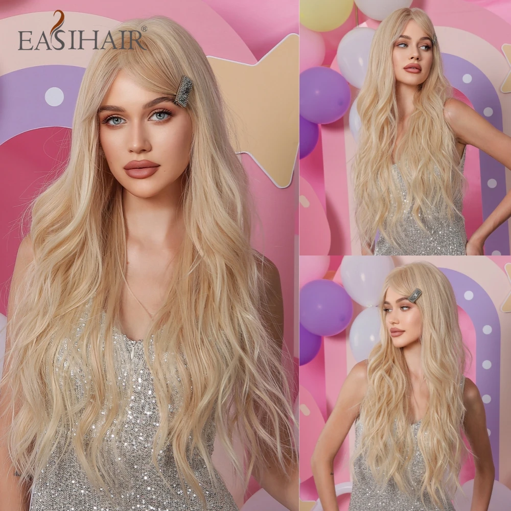 

Long Wavy Platinum Blonde Golden Synthetic Wigs with Bangs for Women Lolita Daily Cosplay Party Natural Heat Resistant Fake Hair