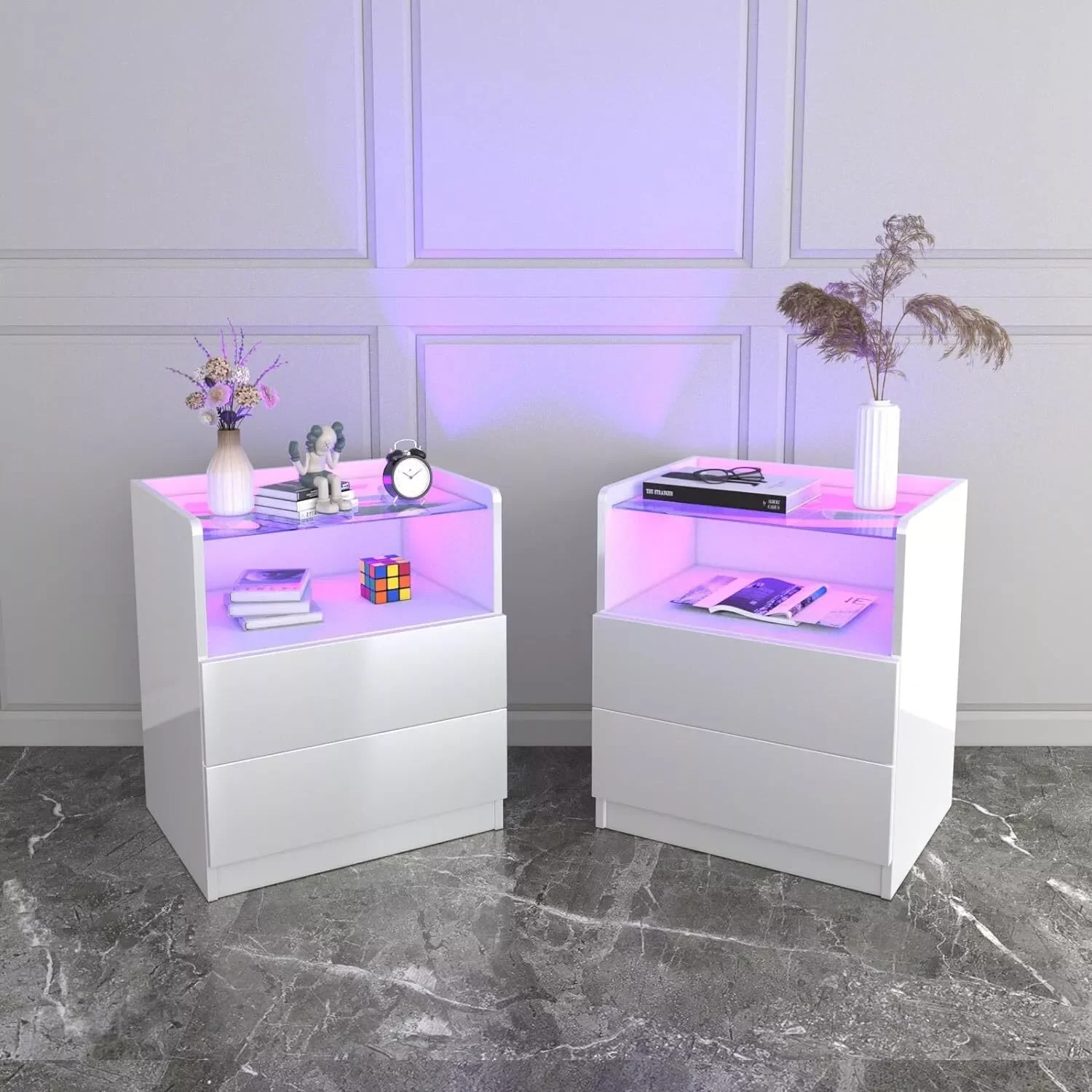 

Small LED Nightstand Modern White Night Table High Gloss Bedside Table with 2 Drawers Night Stand with led Light