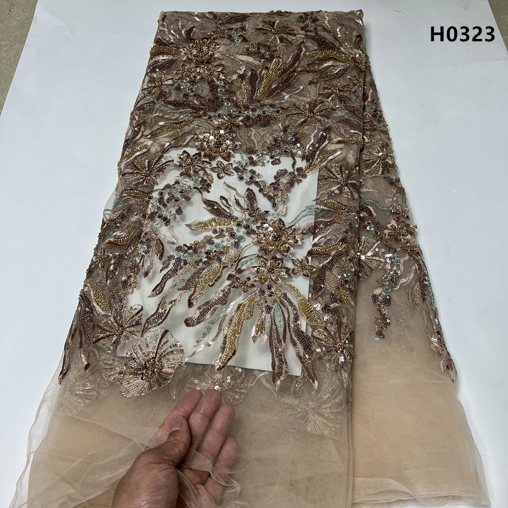 

African Nigerian Jacquard Tulle Lace Fabrics, High Quality Embroidery, Brocade French Gold Line Laces for Dress, H0323, 5Yards,